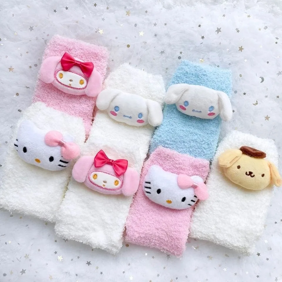 Wholesale  Kawaii Cartoon Coral Velvet Socks  Anime Kulomi KT Cat Melodi Lolita Cute Sleep Home Warm Socks