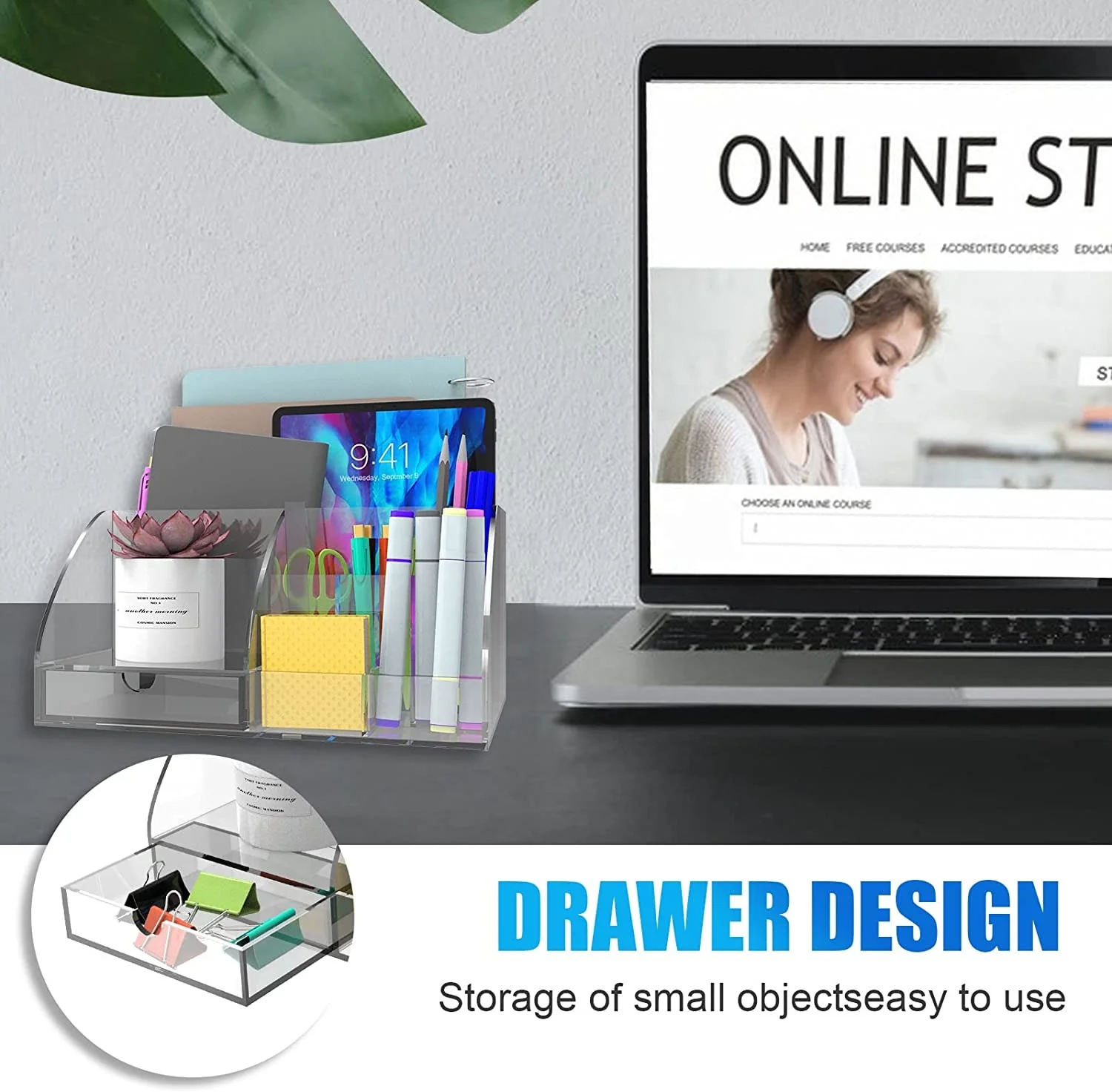 Clear Desk Organizer Office Accessories Multifunctional Acrylic Functional Desk Organizer with 8 Compartments