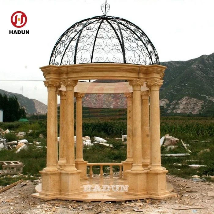 Outdoor Garden Beige Sandstone Marble Gazebo with Iron Roof