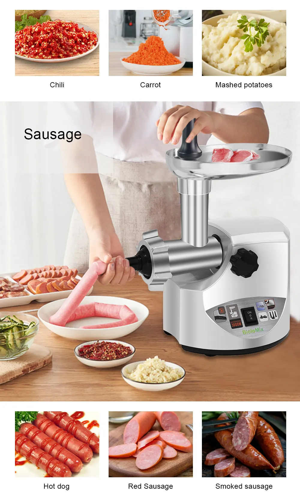 Оптовая продажа мощные электрические мясорубки на заказ максимальный мощный 3000 Вт домашний колбасный шприц кухонные комбайн