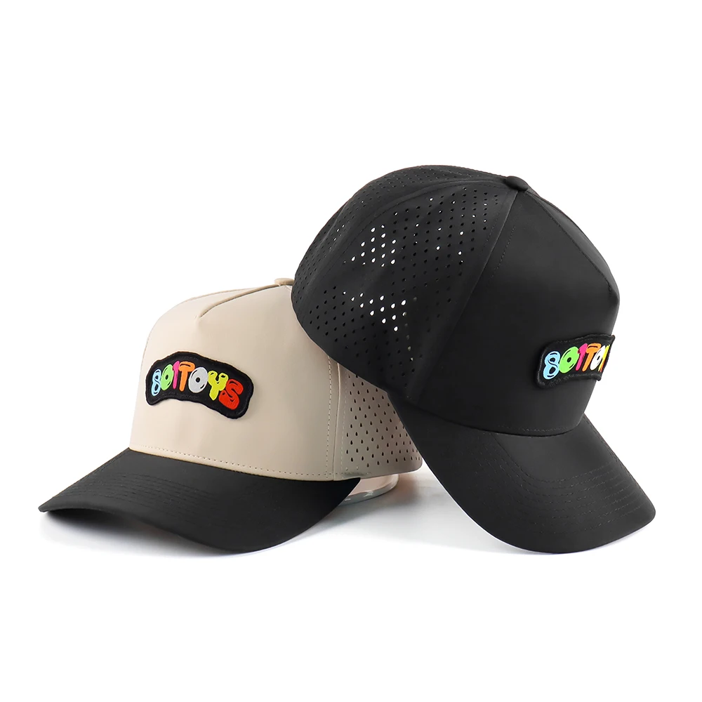 Custom 5 Panel A Frame Style Structured Waterproof Running Sports Baseball Cap With Woven Label Logo 2 Tone Perforated Hats