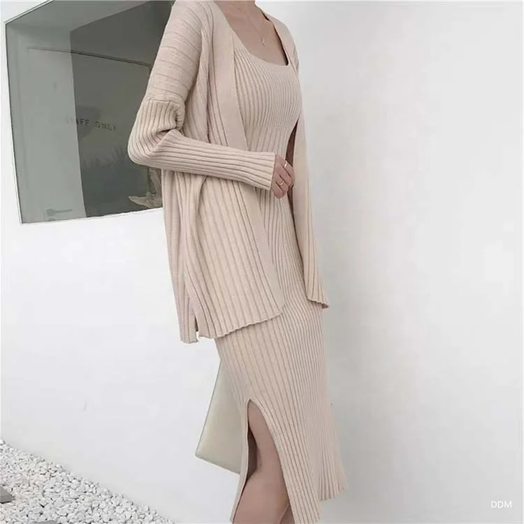 Spring Knitted Cardigans Spaghetti Strap Sweater Dress For Women 2 Piece Set Clothing