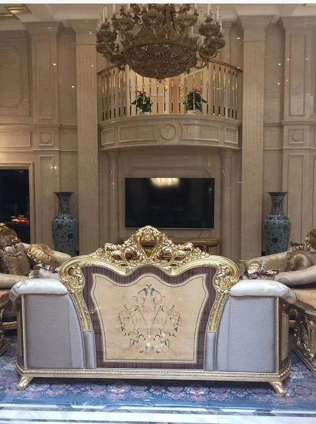 Luxurious European Italian Classical Style Antique Wooden Carved Craftsman Sofa Set Shiny Gold with Veneer for Home Furniture