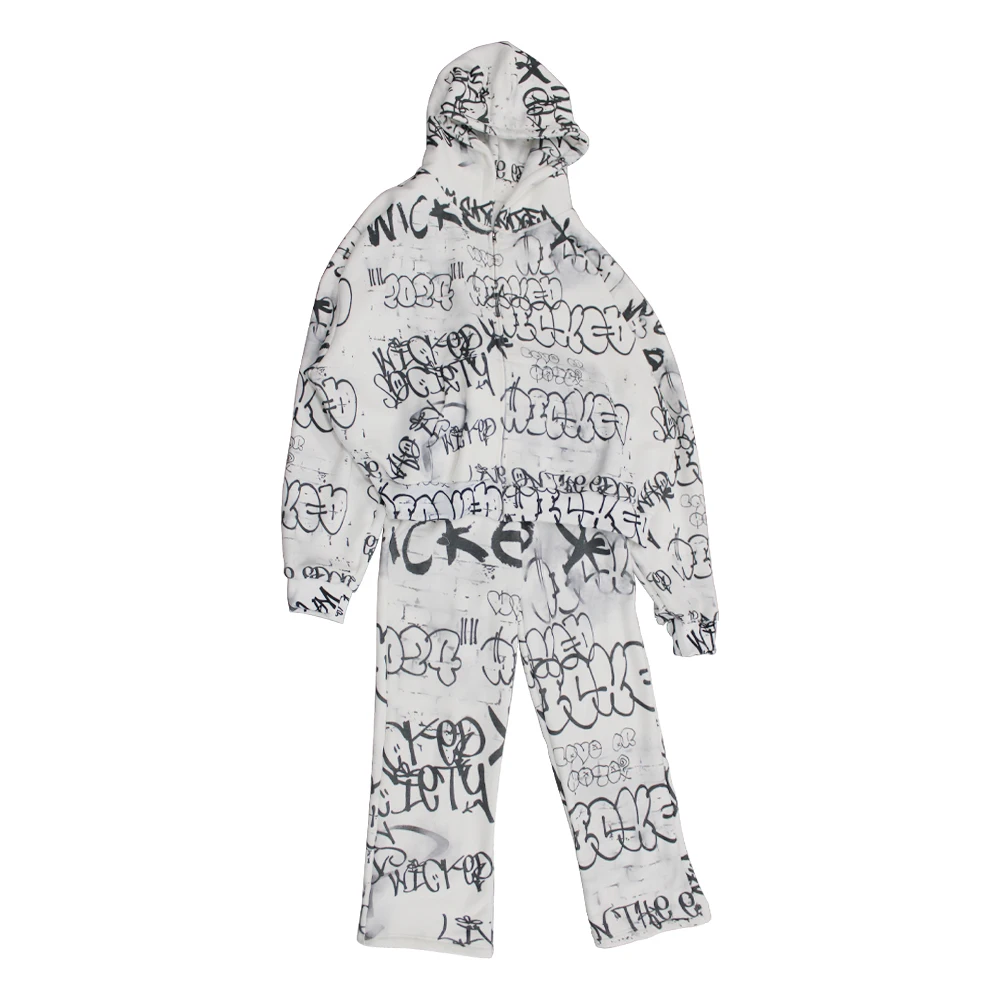 Custom Streetwear Heavyweight Vintage Washed Printed Drawing Hoodies Sweatpants Pants Set Mens Hoodie Manufacturers