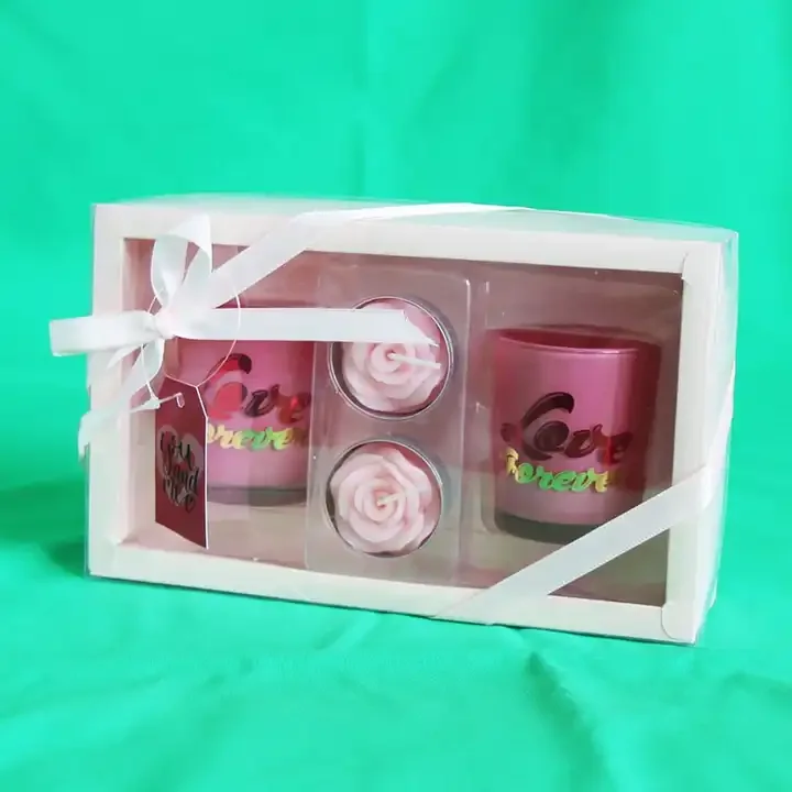 Cheap Wholesale Hot Selling pink flower glass jar style Tealight Gift Scented Candle set