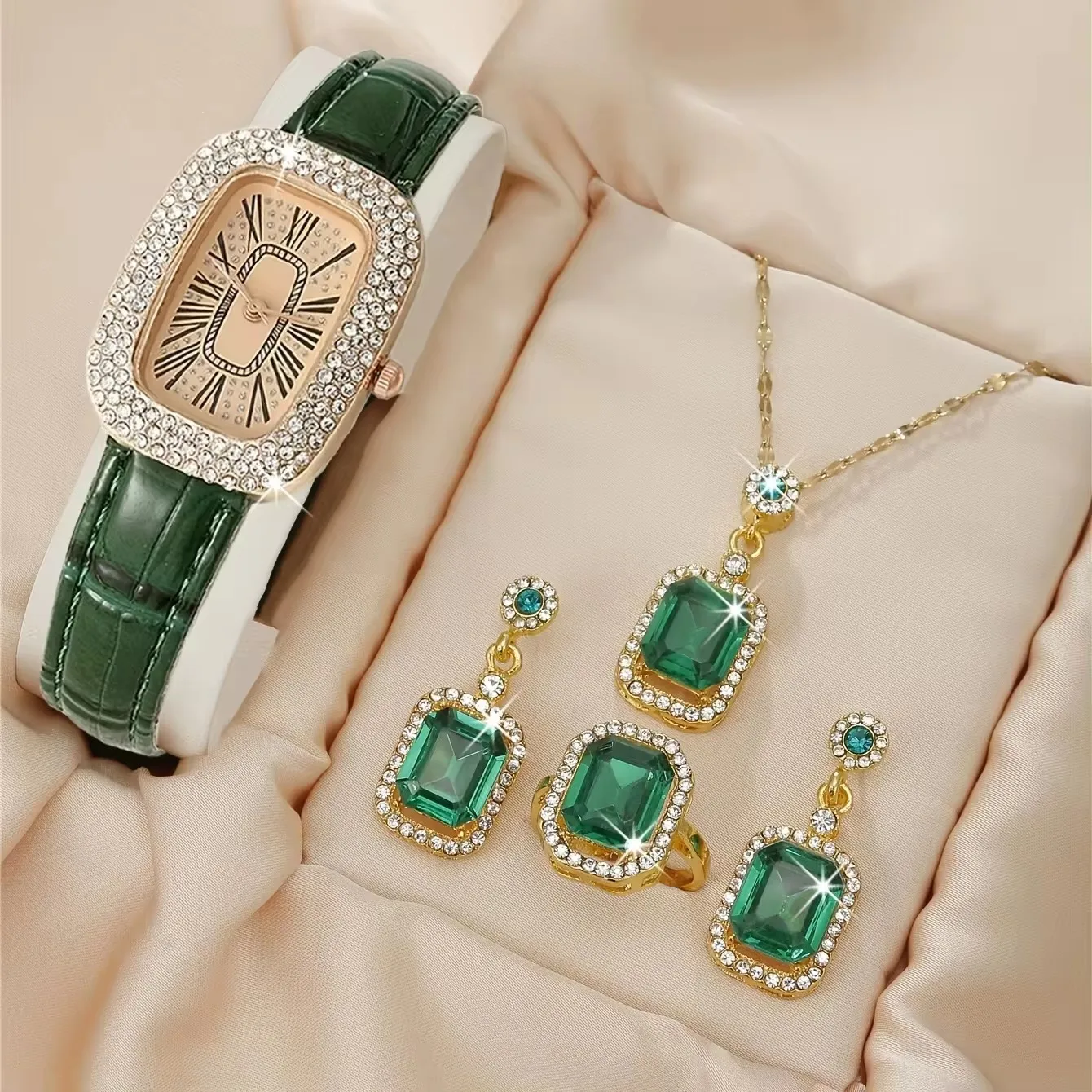 Hot Luxury Shiny Sky Diamond Ladies Quartz Watch Leather Women Watches & 4pcs Fashion Jewelry Set Necklace Earring