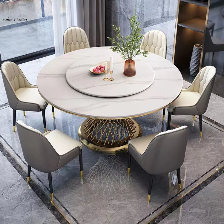 Modern Royal Gold Dinning Sets Furniture Sintered Stone Marble Top Round Dining Table With 4 6 Seats Chairs