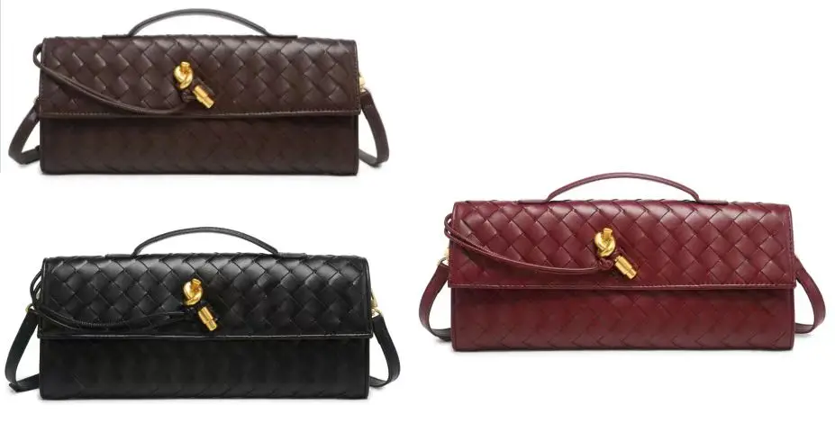 famous design braided long hand clutch bags for women fashion sling shoulder bag with long strap from Guangzhou lock woven bag