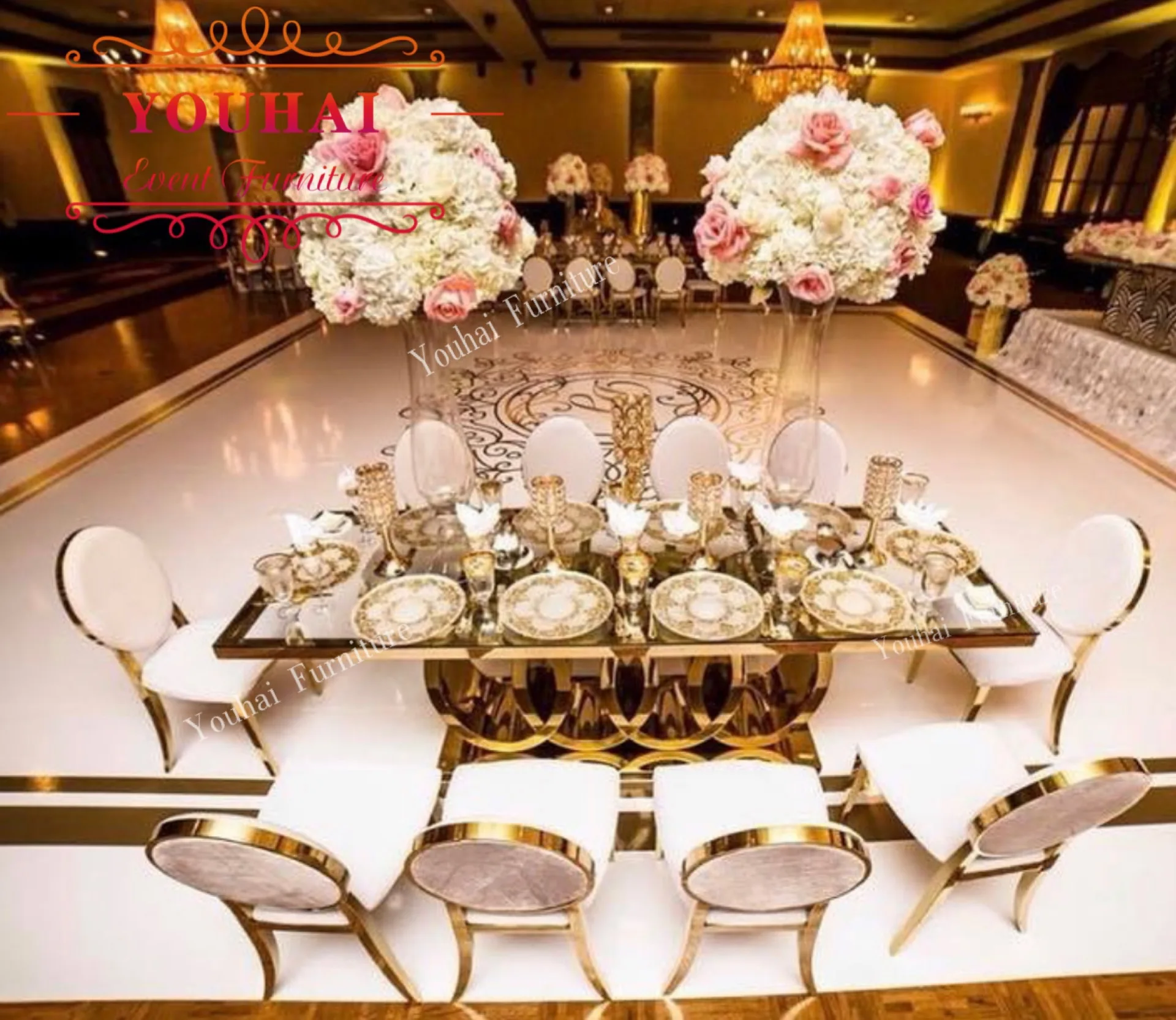 modern stainless steel base white glass top gold wedding event table