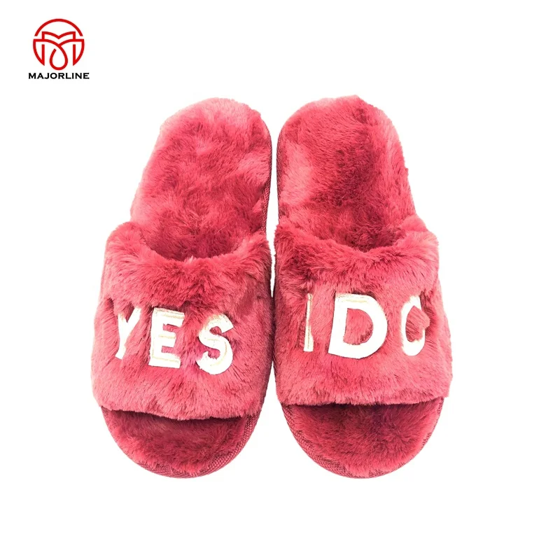 OEM full customized Winter Plush Furry one band Open Toe Indoor embroidery Logo  Warm Faux Rabbit Fur Women Cozy Slippers