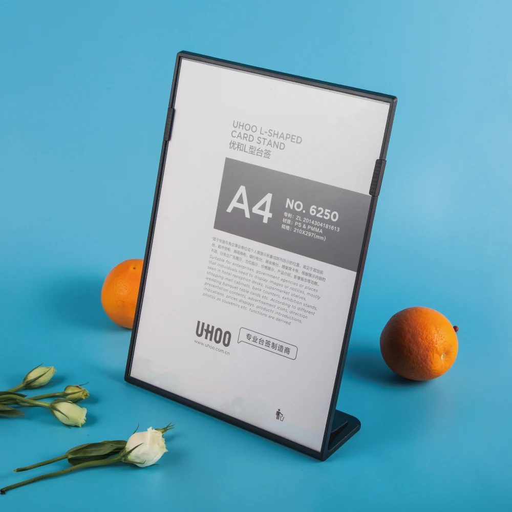 
Hot sale A4 vertical L shape clear acrylic plate display stand 