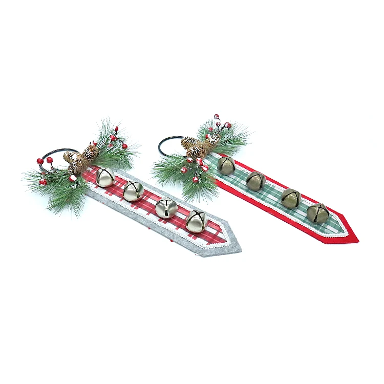 Leaves Embellishment Long Strip Cloth Pendant Shopping Christmas Red Striped Bell Door Hanging Christmas Decorations Green Pine