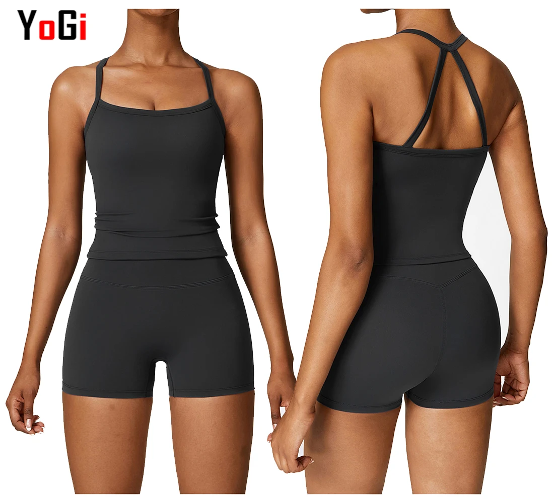 High Quality 2 Piece Women Summer Cross Neck Push Up High Waisted Shorts And Top Yoga Bra e Short Gym Fitness  Set