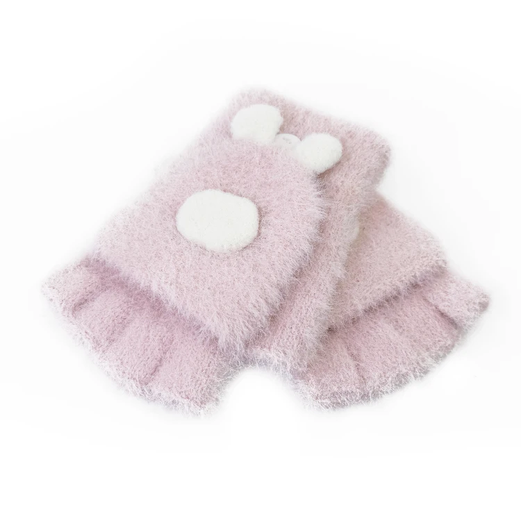Convertible Flap Cover Kids Knitted Warm Faux Mink Fur Fingerless Mitten with Rabbit Designed Convertible Flap Cover Pink