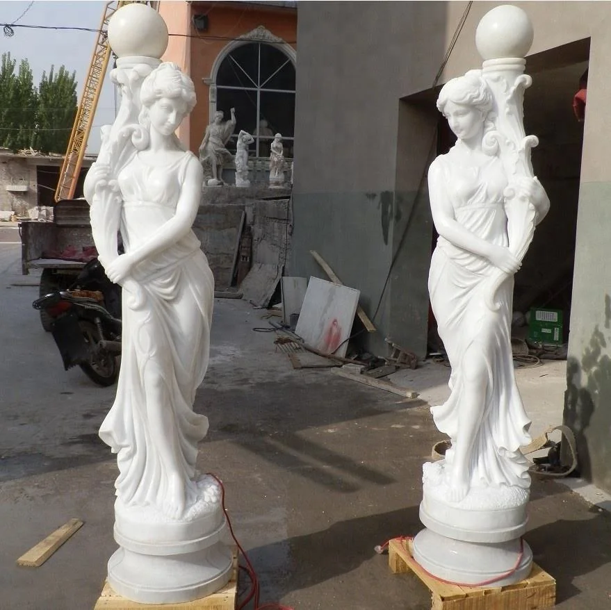 lifesize marble women lady light sculptures statue with lamp light on the head