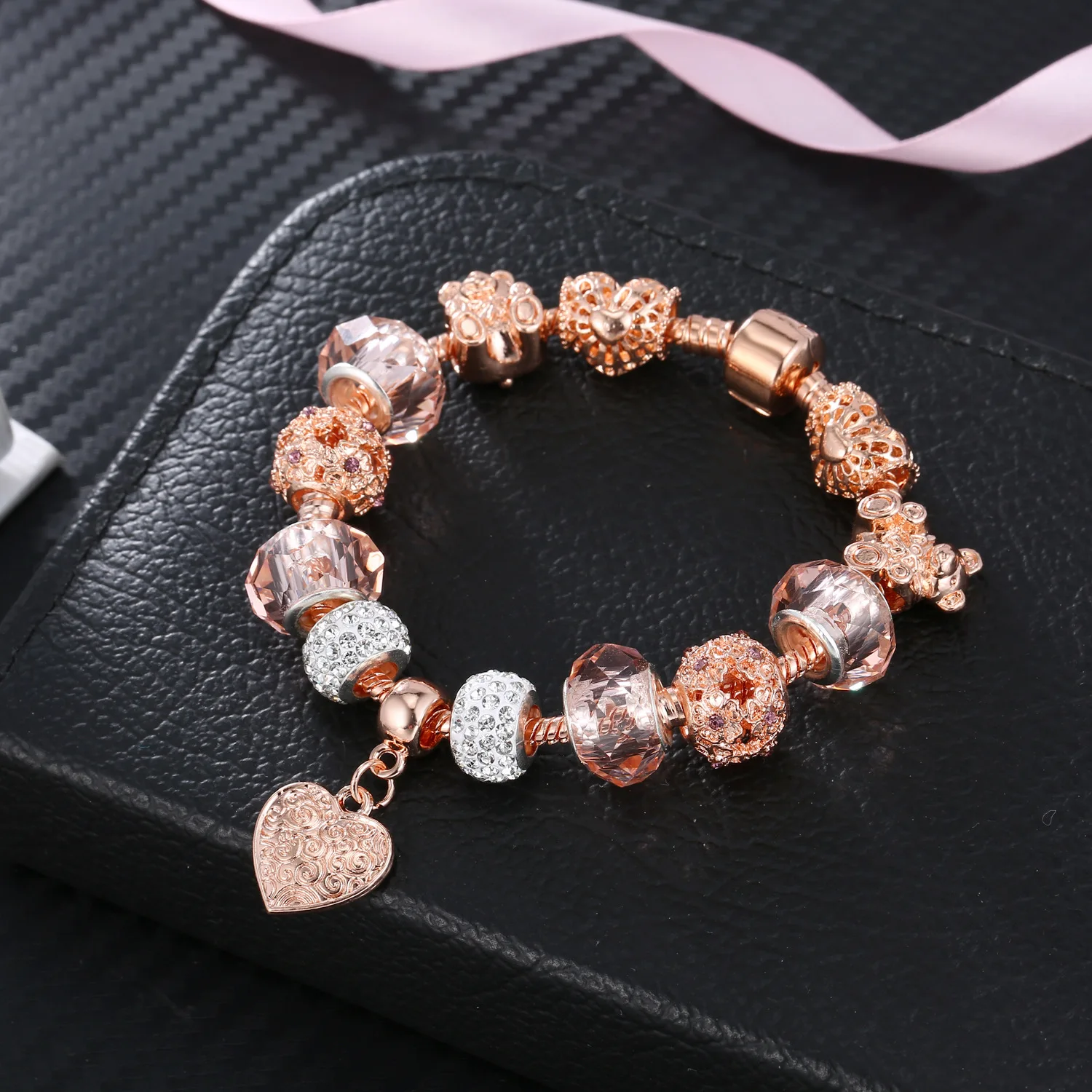HOVANCI hot selling jewelry DIY charm bracelet crown heart woman rose gold diamond bracelet with charms bracelet