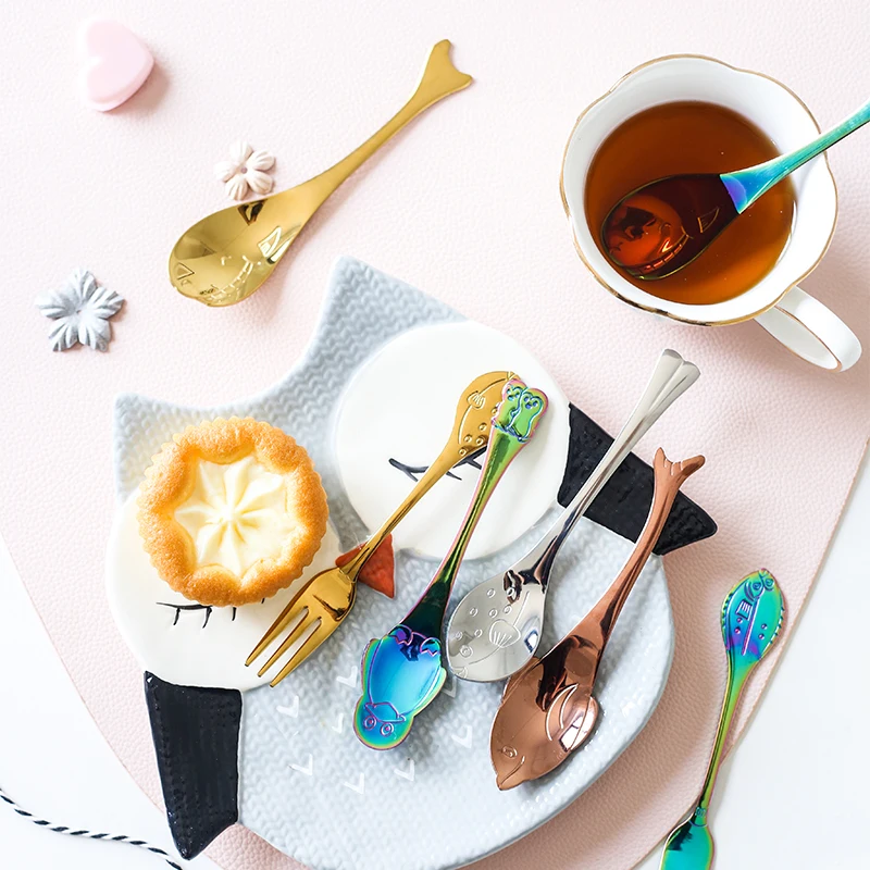 Funny fish shape 304 stainless steel teaspoon cake fork children spoon and fork