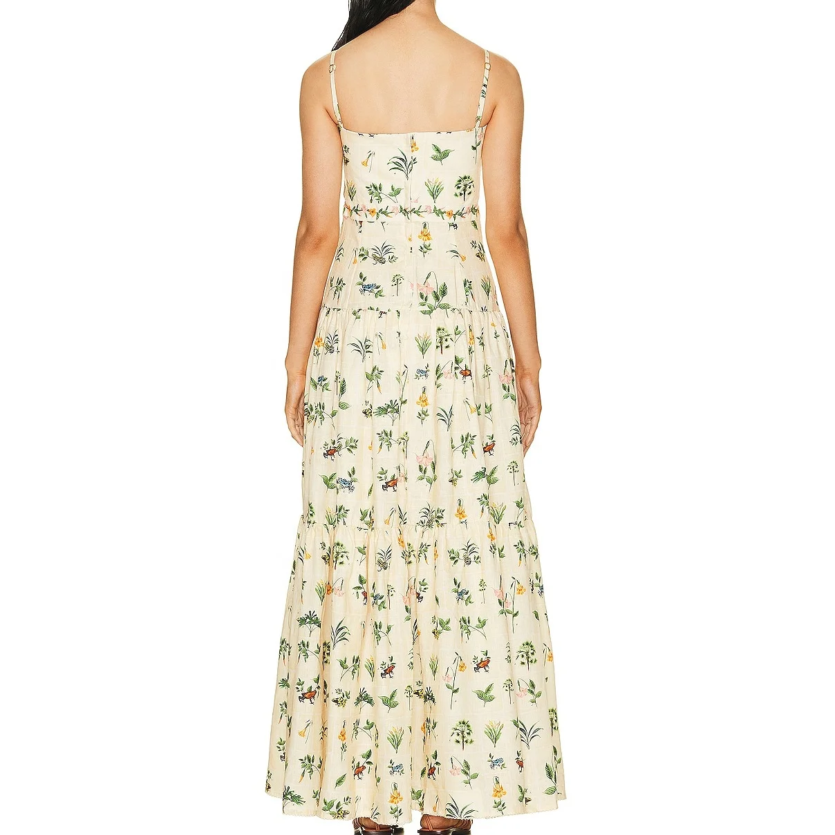Oem Custom High Quality Lady Casual Elegant Floral Print Slip A Line Dress Ruffle Cotton Linen Long Maxi Dresses For Women