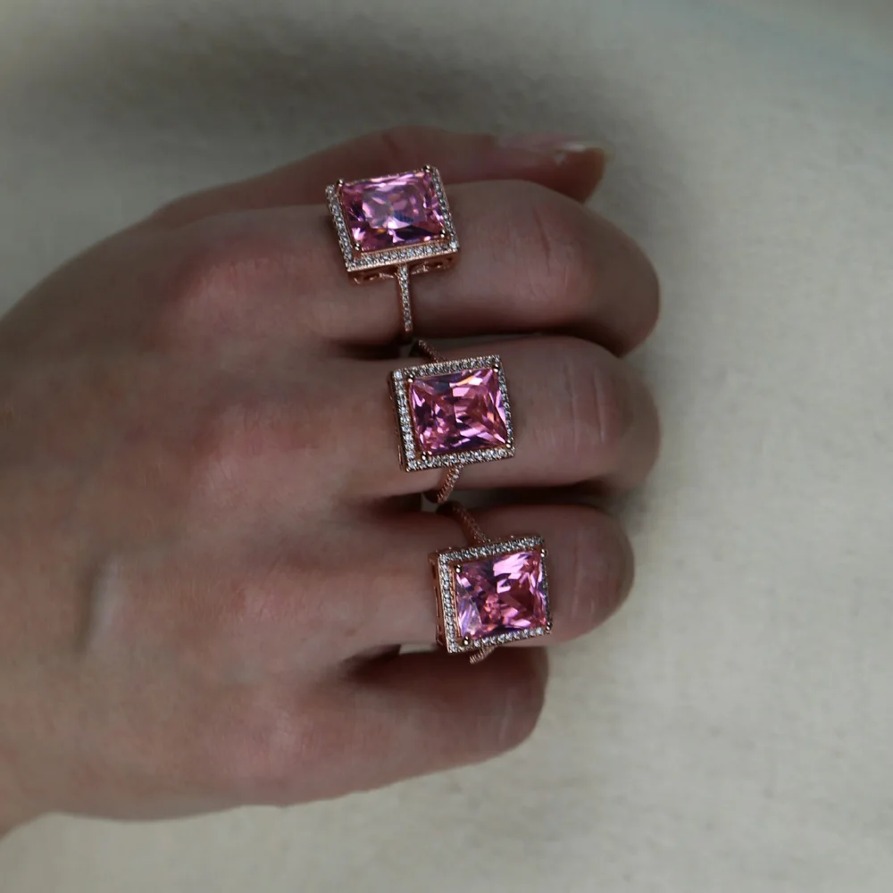 princess cut big pink cz ring for women wedding engagement design fashion jewelry
