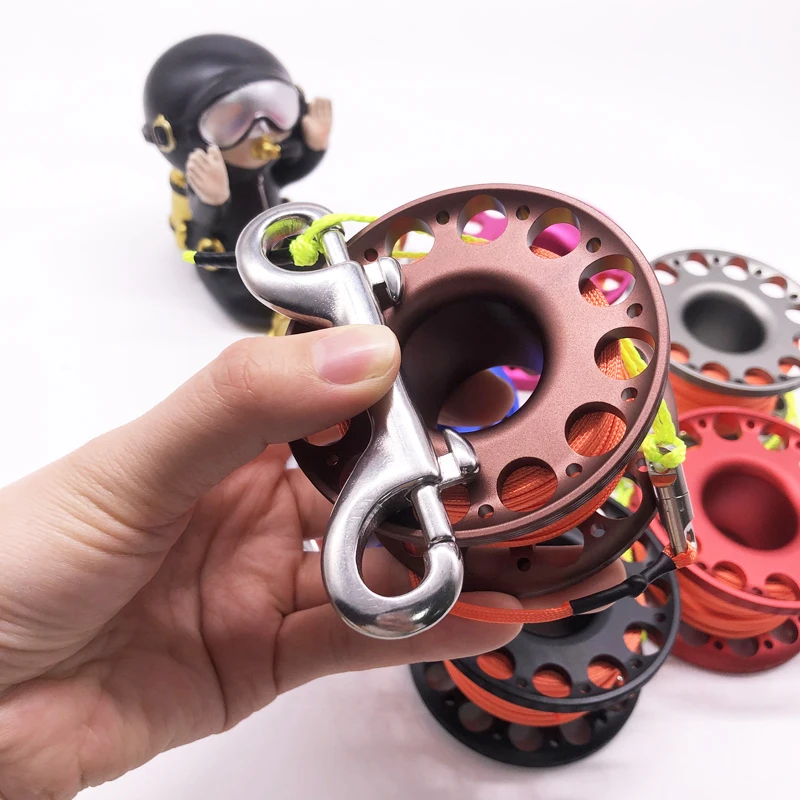 15M Flat Line Scuba Diving Aluminum Alloy Spool Finger Reel with Stainless Steel double ended hook SMB Equipment Cave Dive