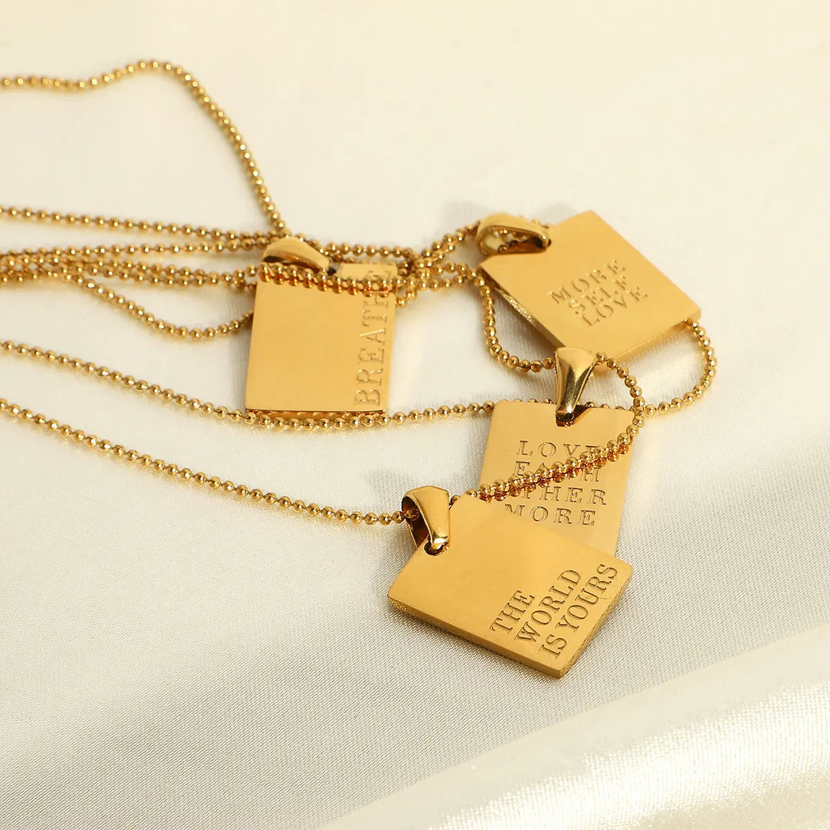 Ins Gold Plated Stainless Steel Square 19*14mm Pendant The World is Yours Breathe Love Each More Engraved Letters Necklace
