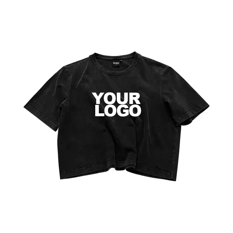 Y2K Women Clothes custom private woven labels 100% cotton digital printing black acid washed crop top t-shirts for women
