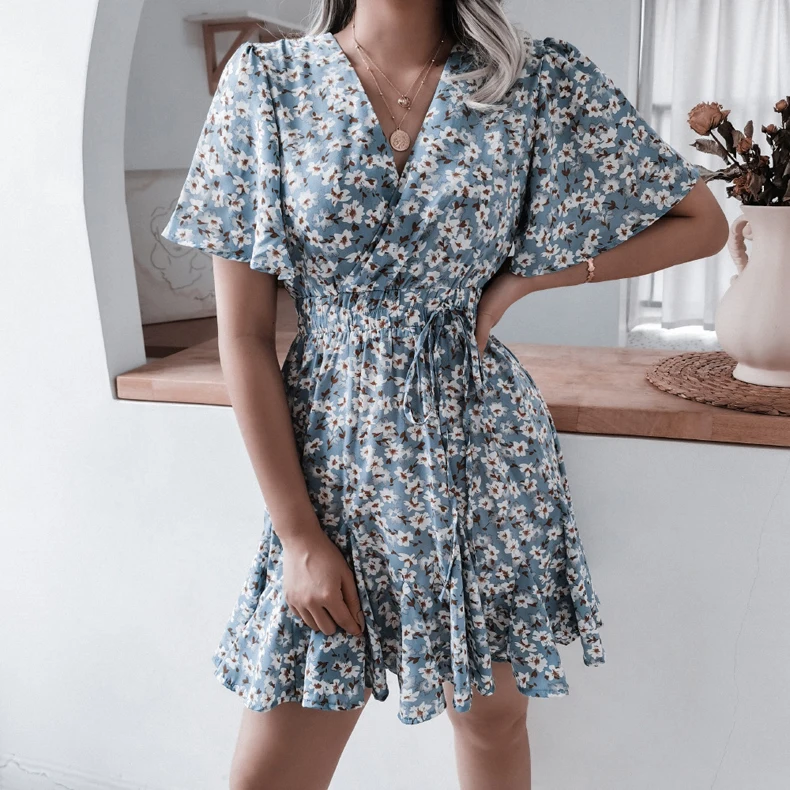 Ikebel Spring Summer Women Customized Floral Print Sexy V Neck Mini Cheap Casual Dresses Manufacturer Supplier