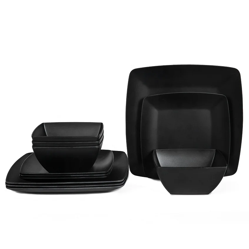 Wholesale Restaurant Square Black Japan Sushi Outdoor Food Grade Melamine Dinnerware Set Plates And Bowls Set For 4