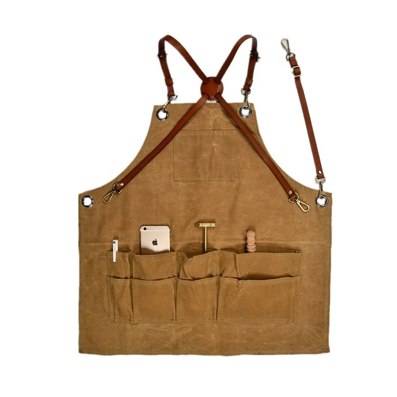 Waxed canvas retro apron custom logo carpenter welder apron leather shoulder strap splash-proof and stain-resistant clothing