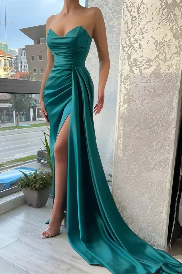 New Clothes Women One Shoulder women Lady Elegant Slit Bodycon Mermaid Satin Prom Sexy Trailing Banquet Party Evening Dress