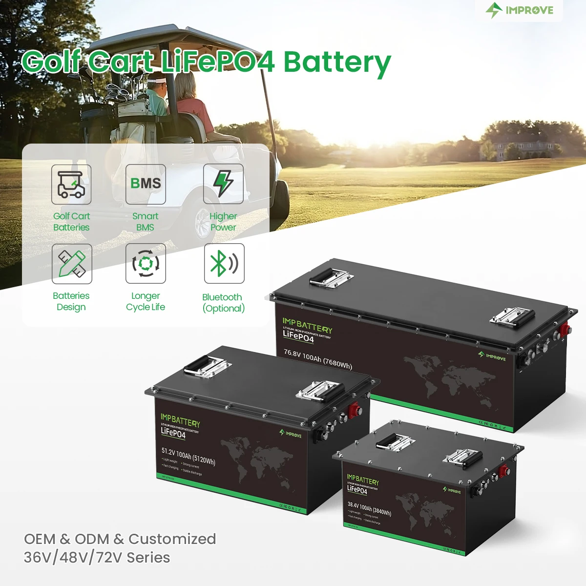 Factory sale 36V 48V 50ah100ah120ah 135ah 200ah lifePO4 golf cart battery smart BMS build in LCD