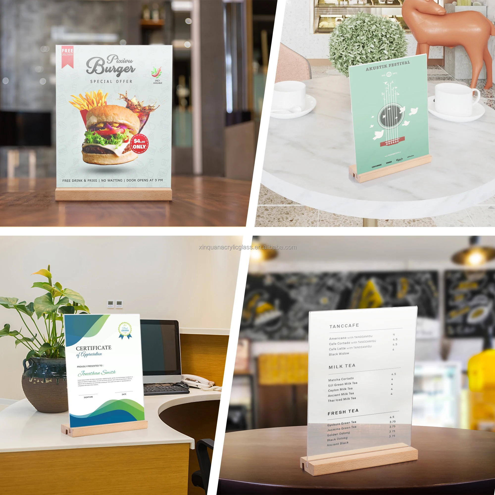 Transparent Acrylic Solid Wood Table Card Rack, Tabletop Display Stand T and L Shape Tabletop Stand for Drink and Dining Card