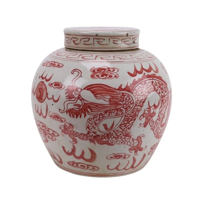 RYKB176-GREEN-RED-E-S Jingdezhen high quality antique porcelain dragon pattern storage decorative ceramic pot