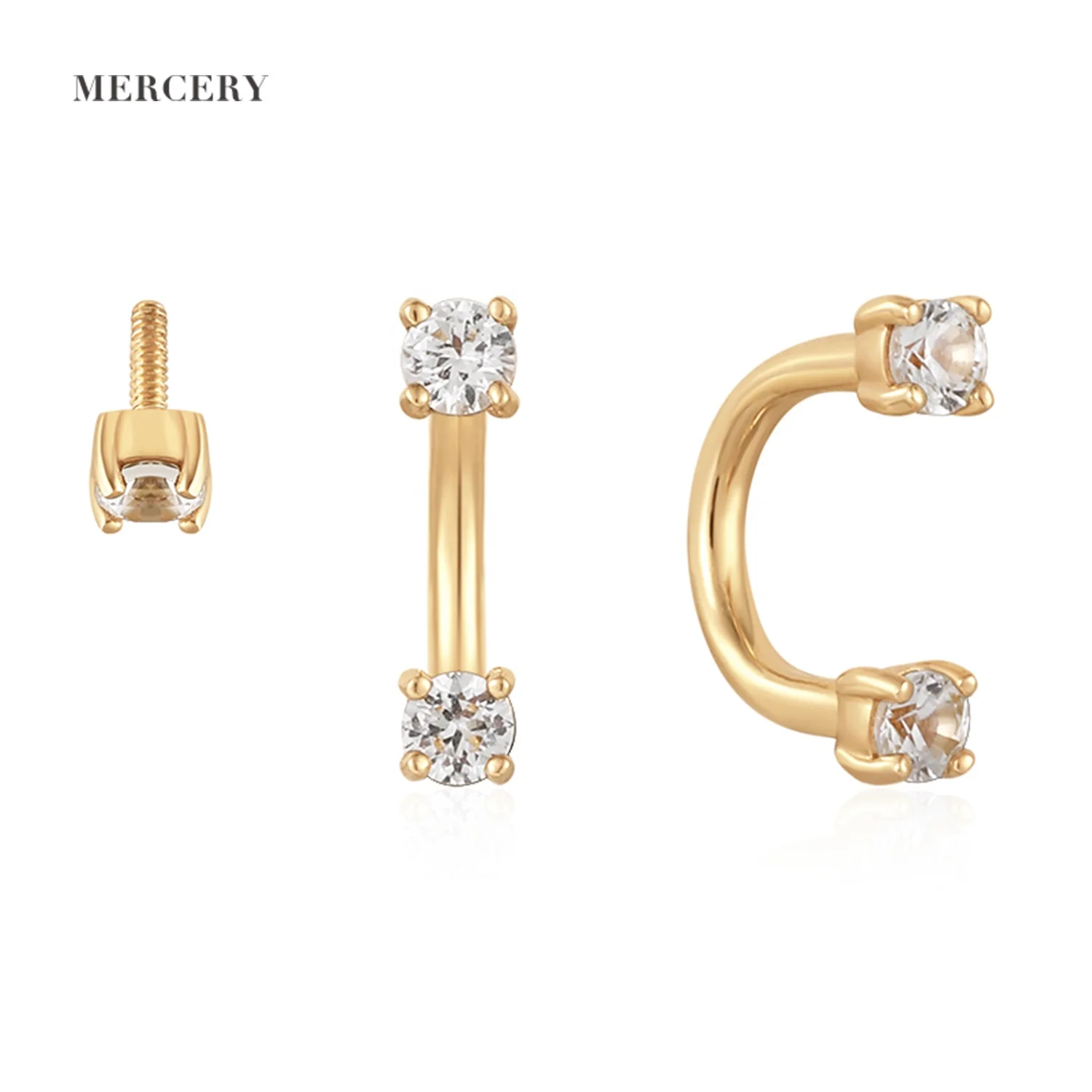 Mercery Wholesale 14k Solid Gold Nose Ring White Sapphire ODM Custom Cartilage Sexy Horseshoe Rod Barbell Ear Piercing Jewelry