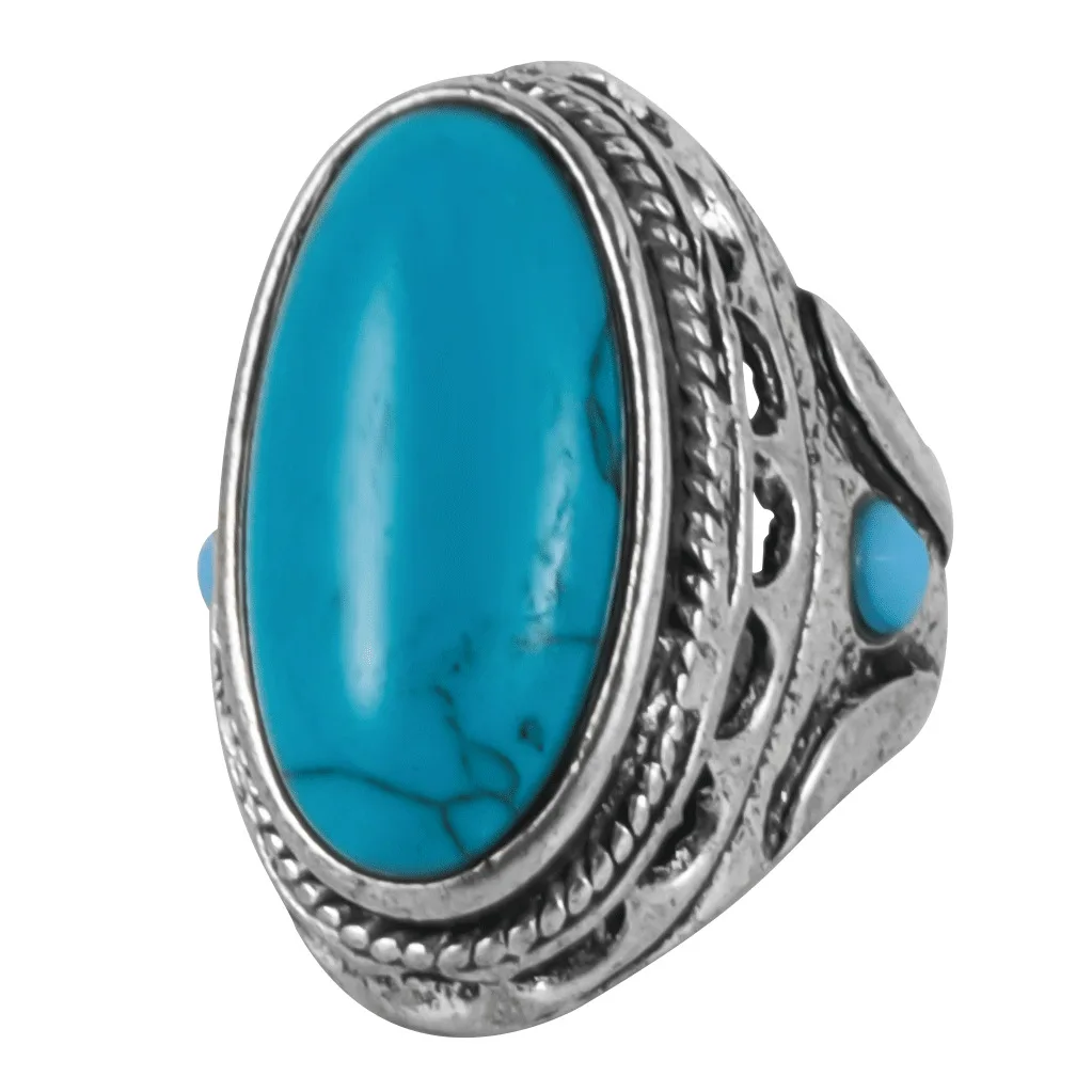 Retro Western Style Turquoise Ring Cowgirl Engraved Ring for Woman Gift