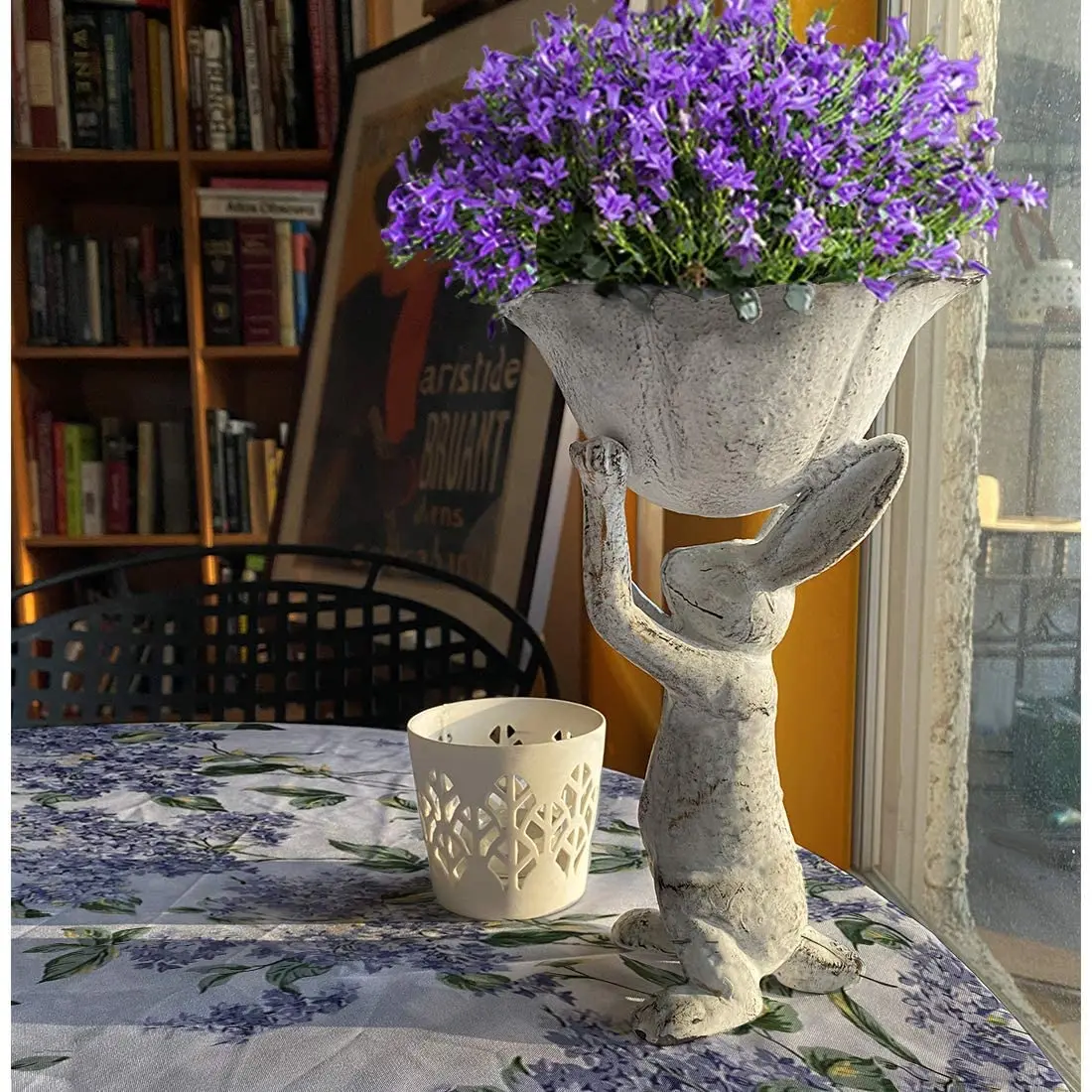 Oniya Distressed Antique White Cast Iron Planter Indoor Outdoor Bird Feeder Bunny Rabbit and Spring Tulip Yard Art Garden Decor