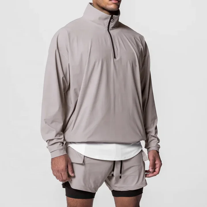 Water-resistant Quarter Zip Stand Collar Lightweight Hoodies With Front Pockets  Adjustable Elastic Hem Design Sweatshirt