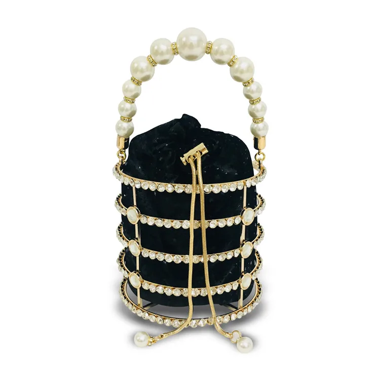 Manufacturer New Cylindrical Pearl Rhinestone Evening Bags Women Luxury Small Metal Cage Party Purse with chains