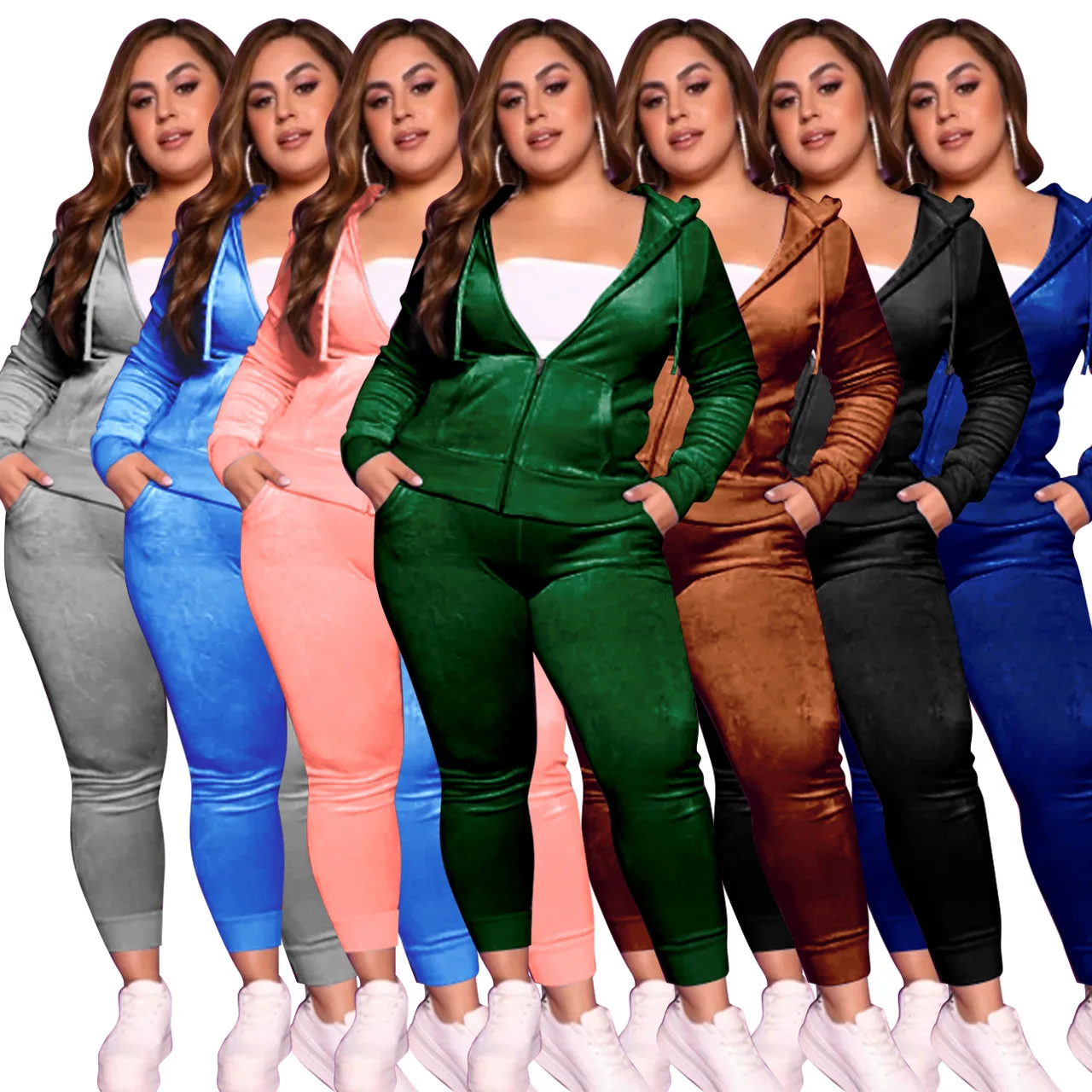 Fat Women Velvet Matching Outfits Colorful Warm Thick Sherpa Casual Jacket 2022 Fall Ladies 2 Piece Hoodie Plus Size Pants Sets