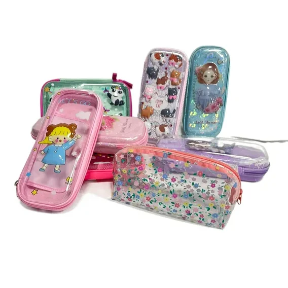 Factory Custom Transparent Double-layer Pen Bag Cartoon Cute Stationery Box Large Capacity Multi-functional Storage Pencil Case