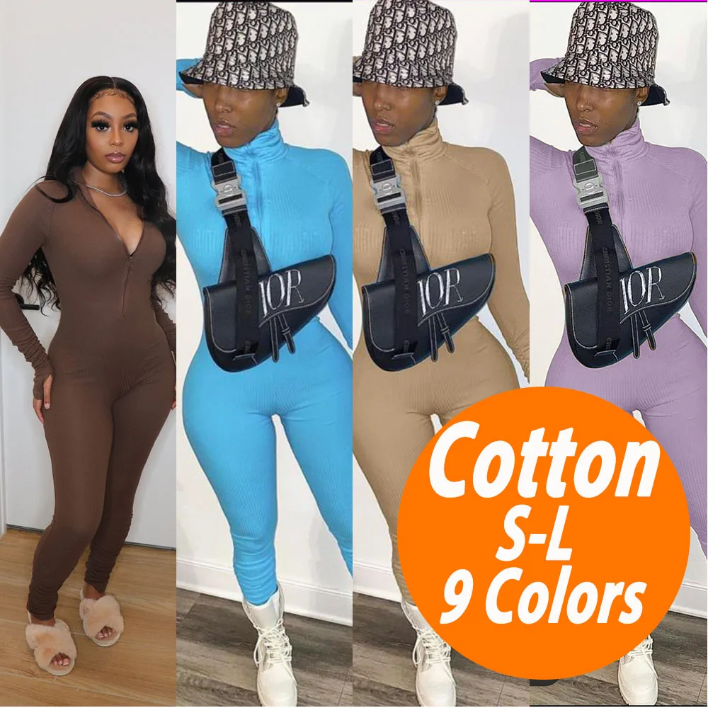 2022 Lady Cotton Rompers Women Sexy Bodycon Ribbed Zipper Up Jumpsuit Yoga Pants Club Wear Fitness One Piece Jumpsuits  Sets