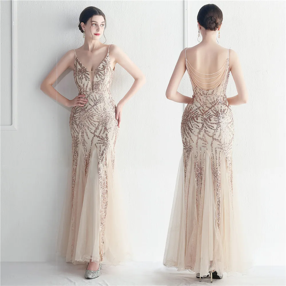 19998# Hot Mesh beaded sequined dress Star event exhibition stage long evening dress dress