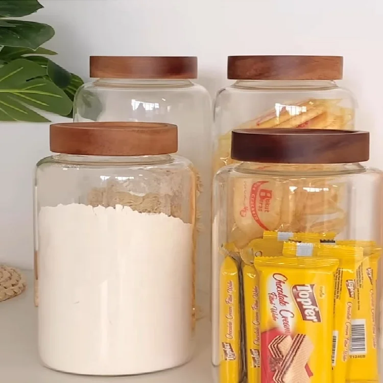 Household large capacity kitchen storage jar high borosilicate glass with acacia wood cover