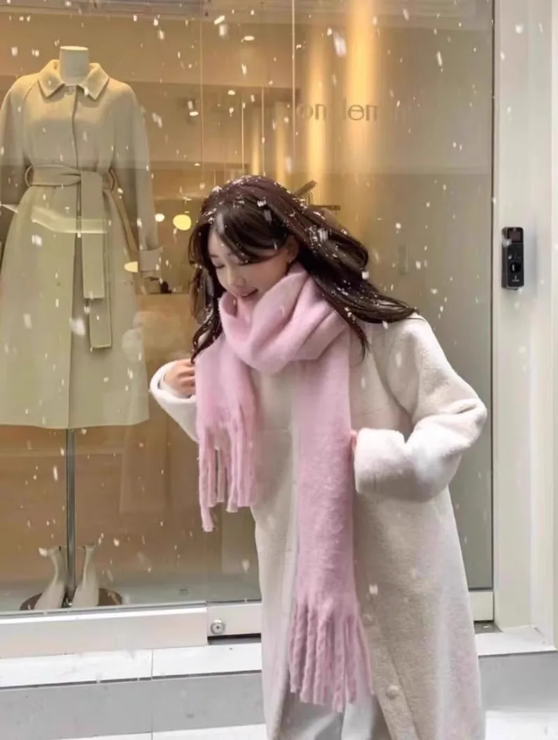 Winter Warm Woven Scarf Long Solid Color Women Thick Unisex Mohair Fabric Cashmere Warm Scarf With Tassel