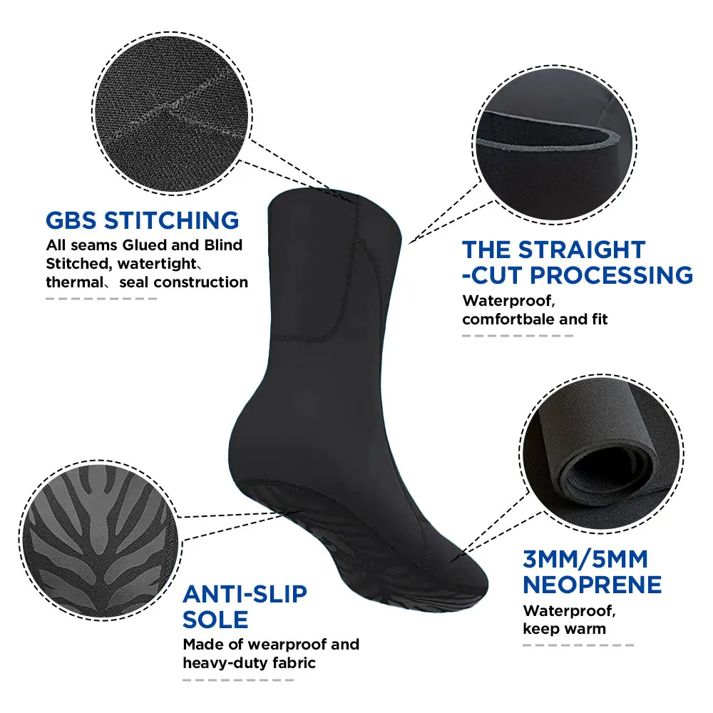 Diving Fins Socks Cold Water 3/5mm Neoprene GBS Sand Proof Beach Swim Socks for Water Sports