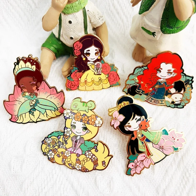 Wholesale Cheap Price Custom Cute Fairy Cartoon Gold Plating Metal Hard Enamel Glitter Silk Screen Print Lapel Pins for Gifts