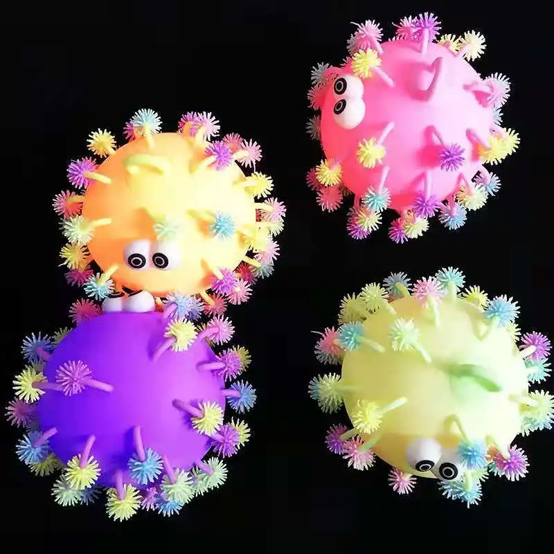 Big size macaron color TPR LED light up squishy soft stress ball toy stress cute hairy toy glowing yoyo puffer flashing ball toy