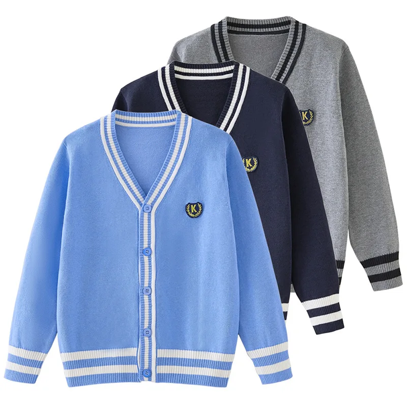 Teen Striped Patchwork Knitted Cardigan Boys Girls Custom Badge High School Uniform Kids Sweater Jacket