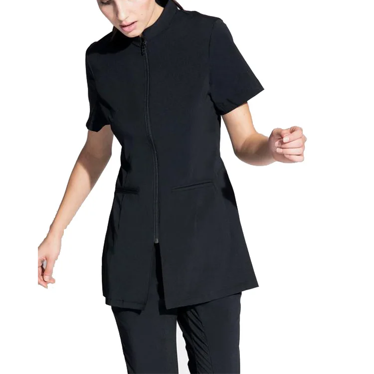 Competitive Price Fade-Resistant Two Deep Front Pockets Mandarin Collar Hospital Staff Uniform Medical Scrubs Black