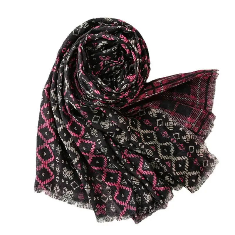 Creative double-sided printing pattern raw hijab rose red diamond geometric long scarf cotton hemp feel scarf women